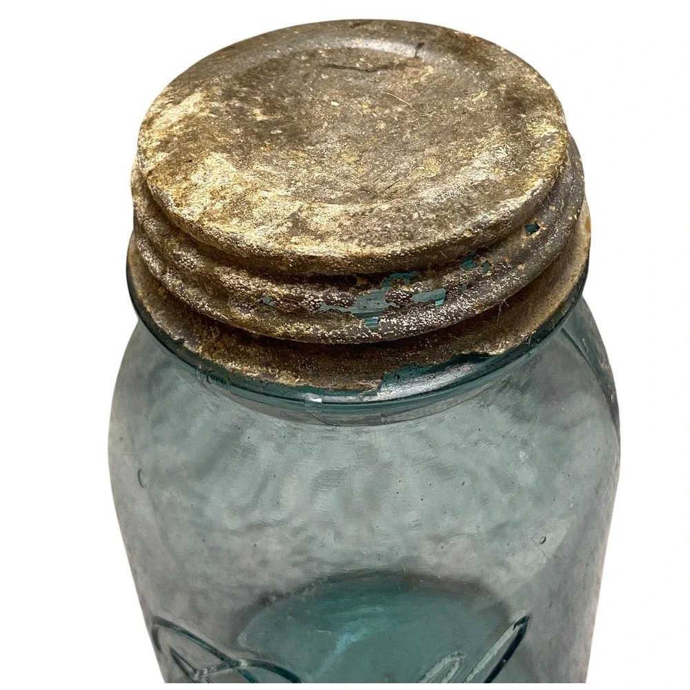 Antique Blue Glass‎ Ball Mason Jar Zinc Lid Stamped 8 on Bottom